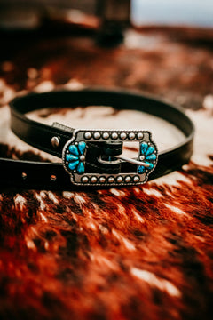 Sara black bridle leather belt, silver buckle set with turquoise stones