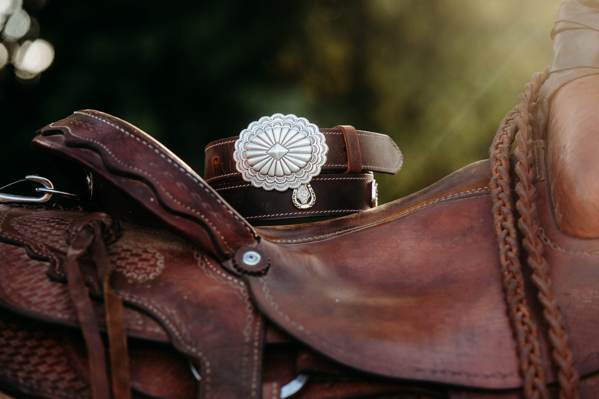 Claire full grain leather belt with silver oval concho buckle