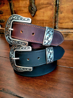 Cattleman water buffalo belts in chocolate and black with silver buckles