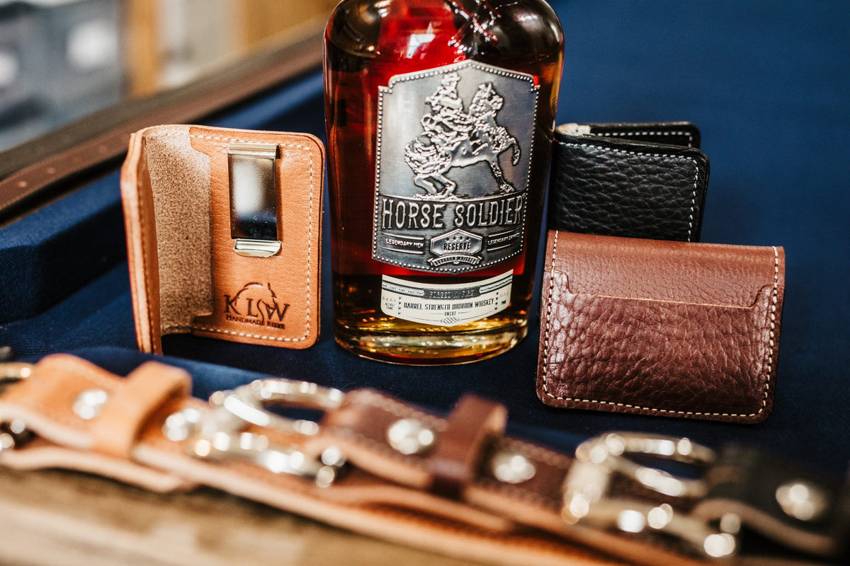 KLW front pocket wallets in bridle leather with matching leather belts