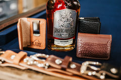 KLW front pocket wallets in bridle leather with matching leather belts