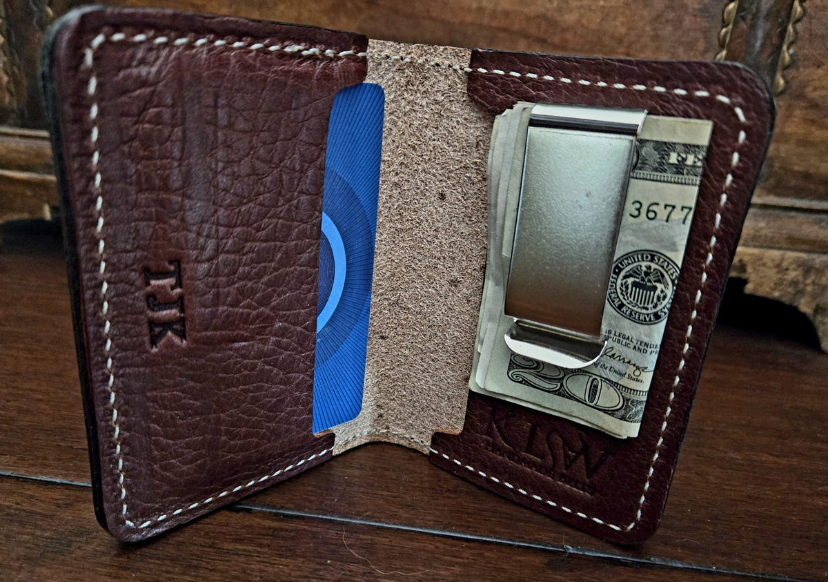 Monogrammed walnut bridle leather front pocket wallet open with money clip
