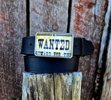 Wanted full grain leather belt in black water buffalo with poster buckle