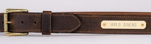 Work Belt full grain leather belt with brass roller buckle and nameplate