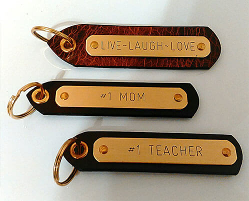 Handmade leather key tags with brass nameplates