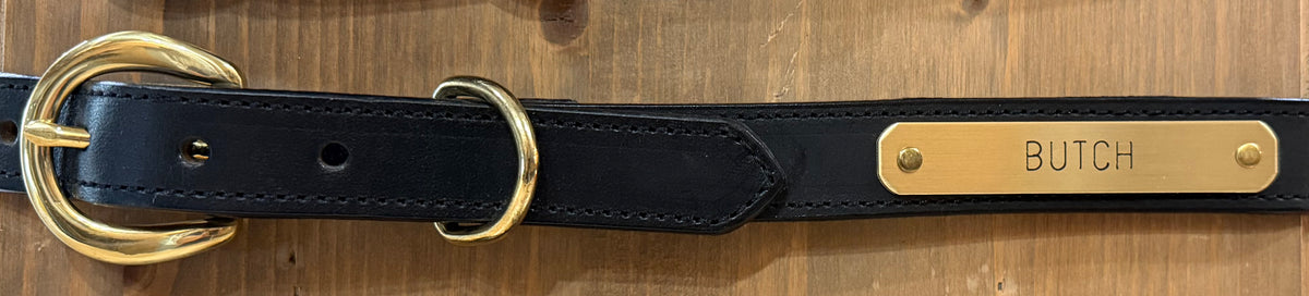 Butch black English bridle leather dog collar with black stitching, solid brass buckle and engraved brass nameplate