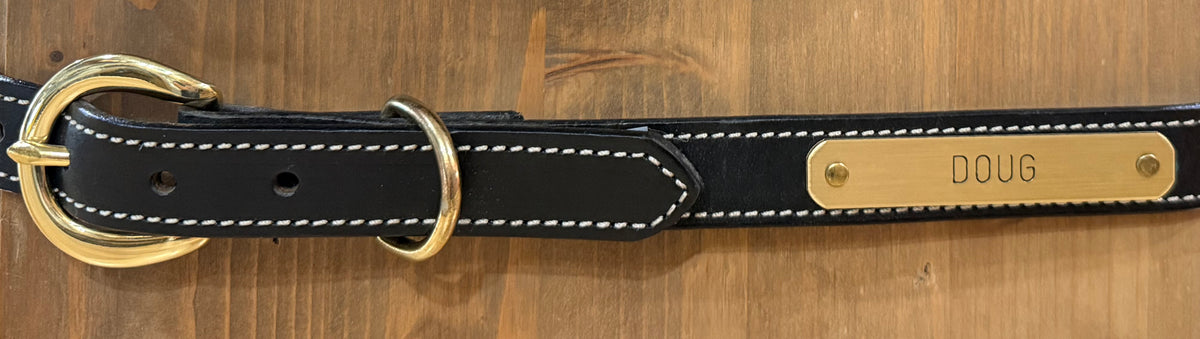 Doug black English bridle leather dog collar with cream stitching, solid brass buckle and engraved brass nameplate