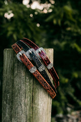 HB01 embossed full grain leather hat bands with antique silver buckles, three colorways