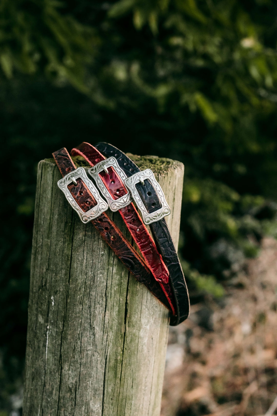HB03 embossed full grain leather hat bands with bright silver rectangular buckles, three colorways
