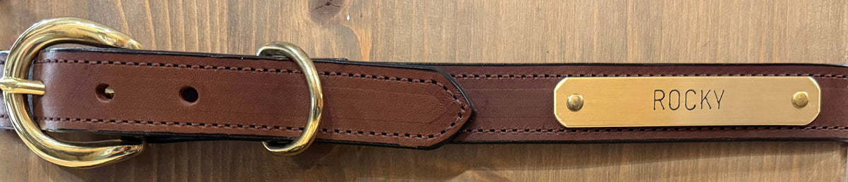Rocky brown English bridle leather dog collar with brown stitching, solid brass buckle and engraved brass nameplate